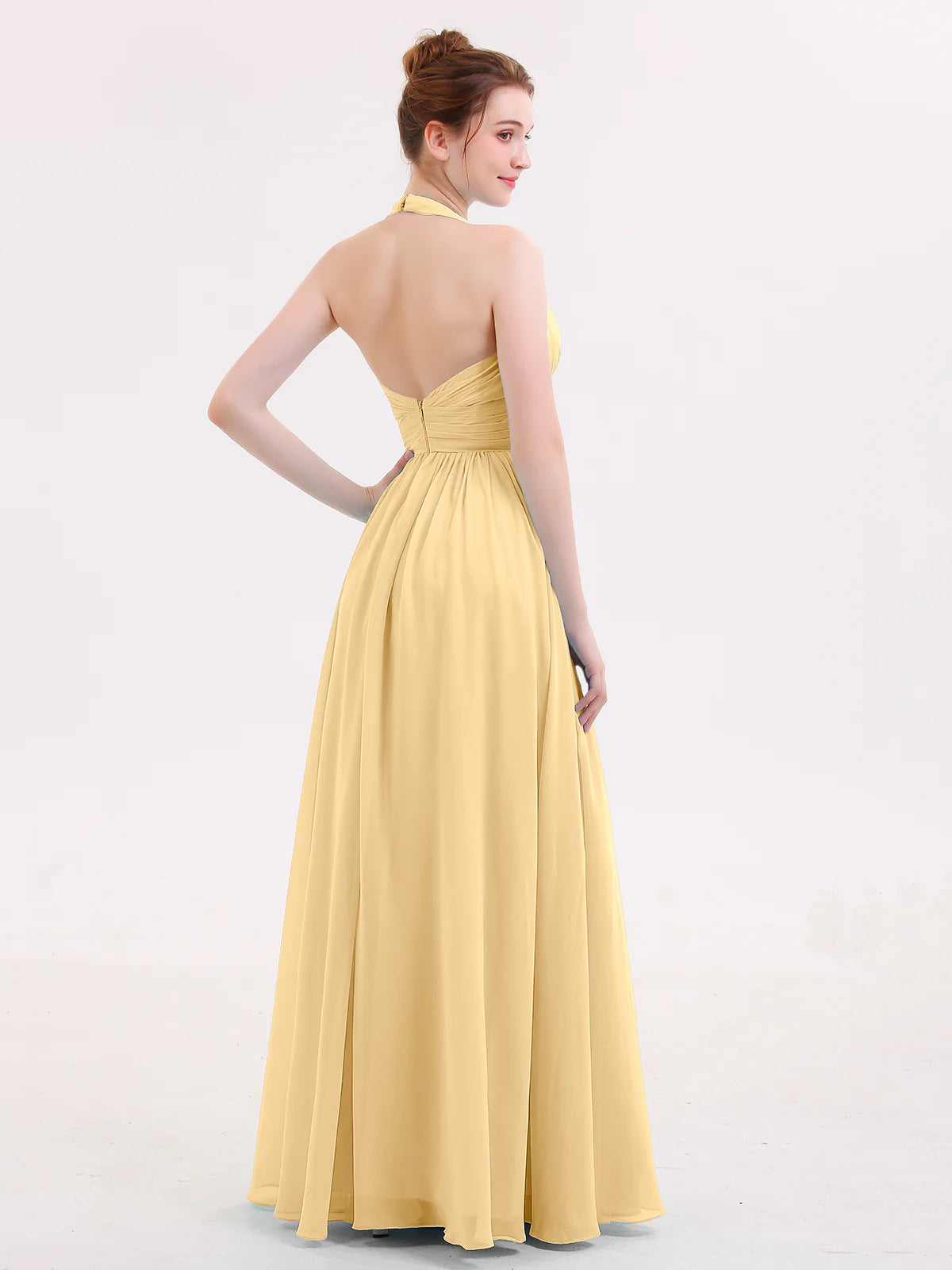 Halter Deep V-Neck Ruched Chiffon A-Line Bridesmaid Maxi Dress
