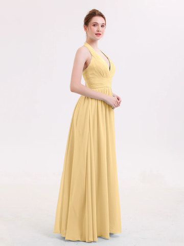 Halter Deep V-Neck Ruched Chiffon A-Line Bridesmaid Maxi Dress