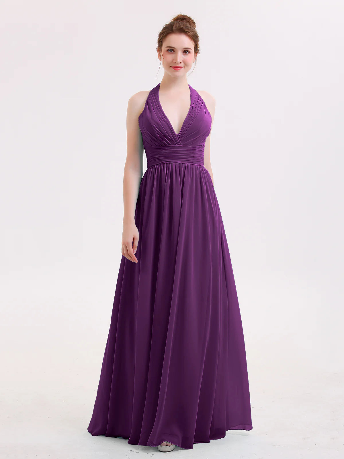 Halter Deep V-Neck Ruched Chiffon A-Line Bridesmaid Maxi Dress