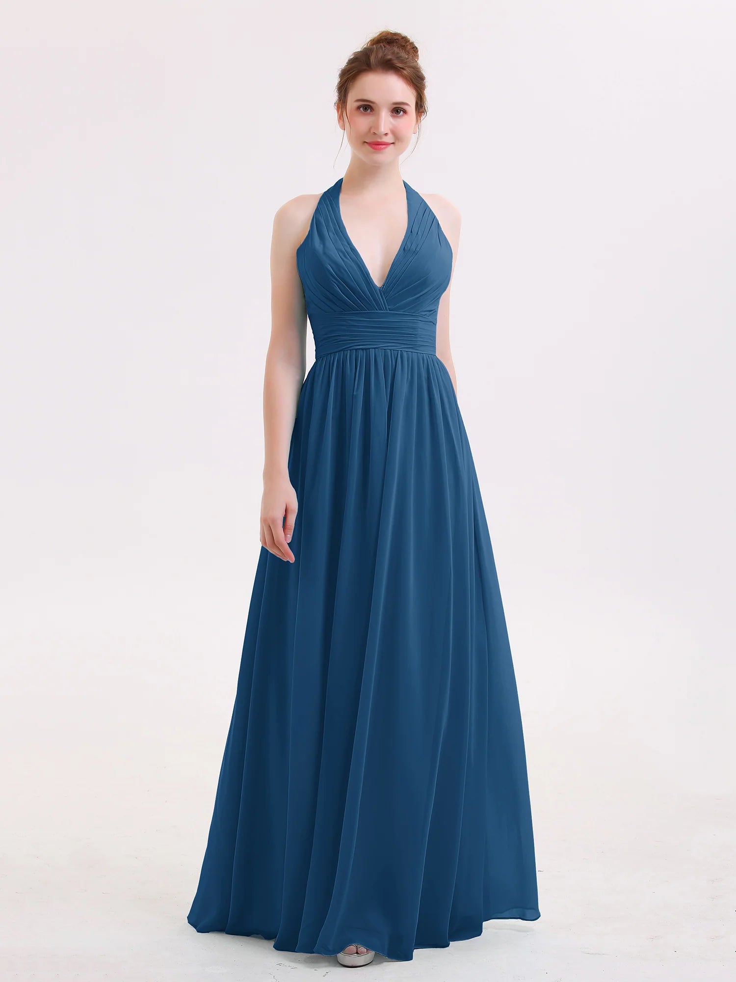 Halter Deep V-Neck Ruched Chiffon A-Line Bridesmaid Maxi Dress