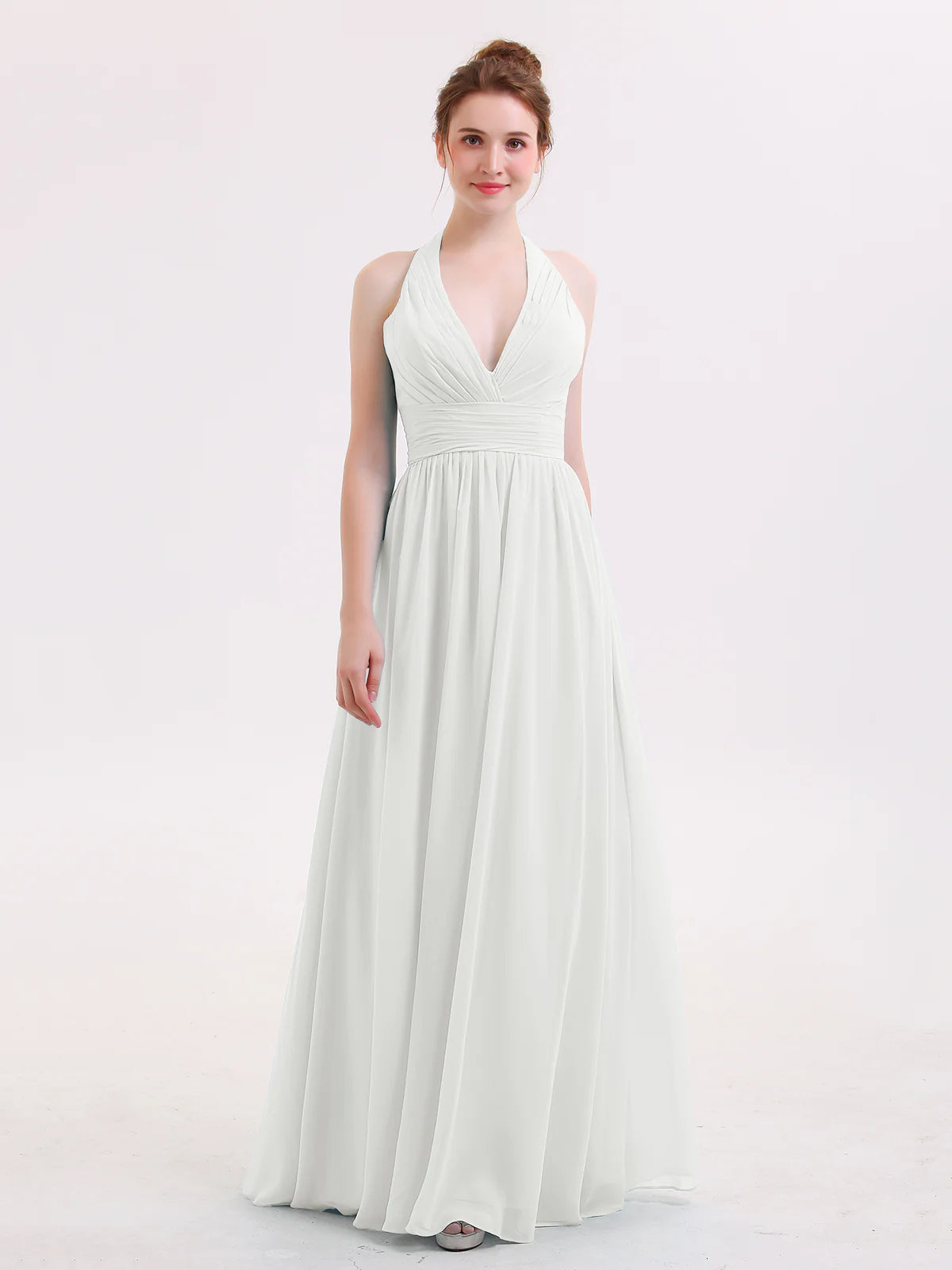 Halter Deep V-Neck Ruched Chiffon A-Line Bridesmaid Maxi Dress