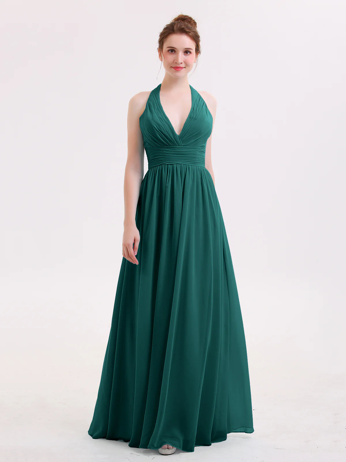 Halter Deep V-Neck Ruched Chiffon A-Line Bridesmaid Maxi Dress