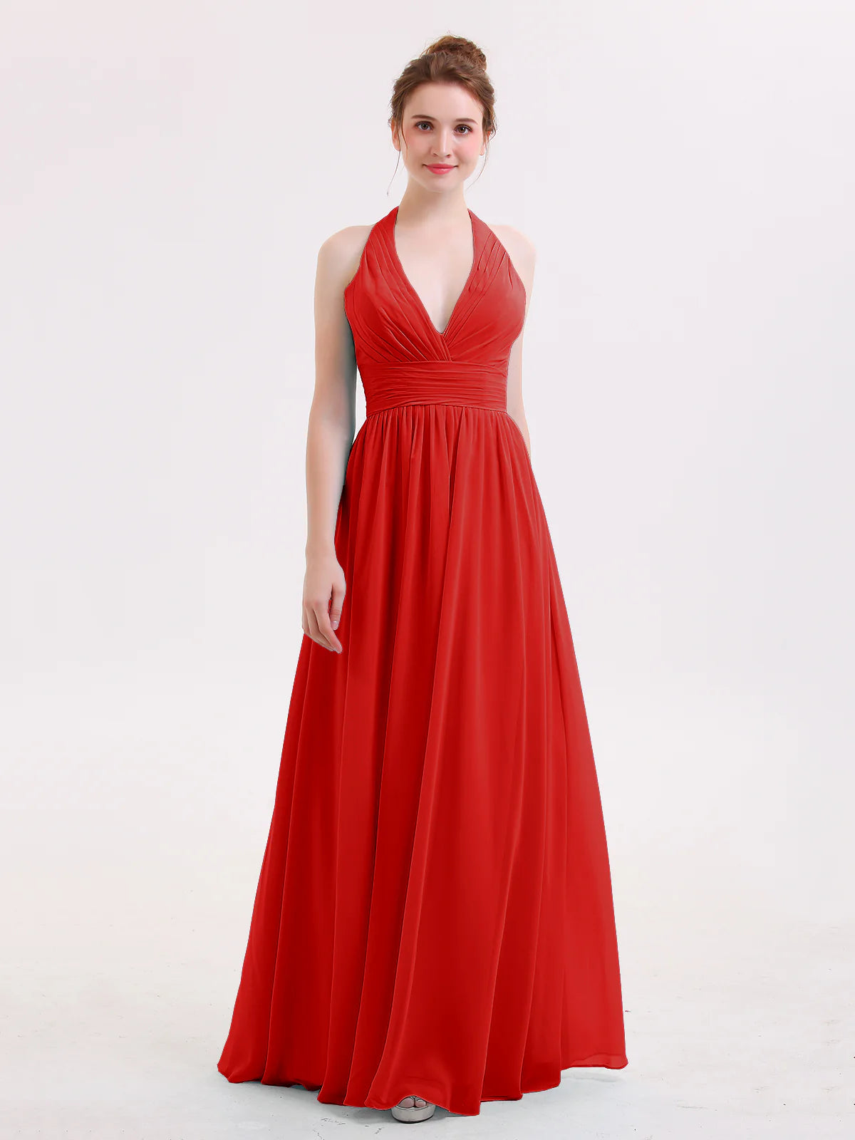 Halter Deep V-Neck Ruched Chiffon A-Line Bridesmaid Maxi Dress