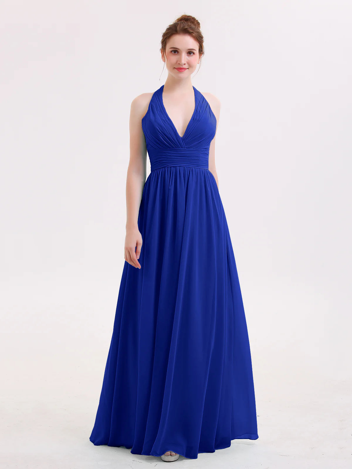 Halter Deep V-Neck Ruched Chiffon A-Line Bridesmaid Maxi Dress