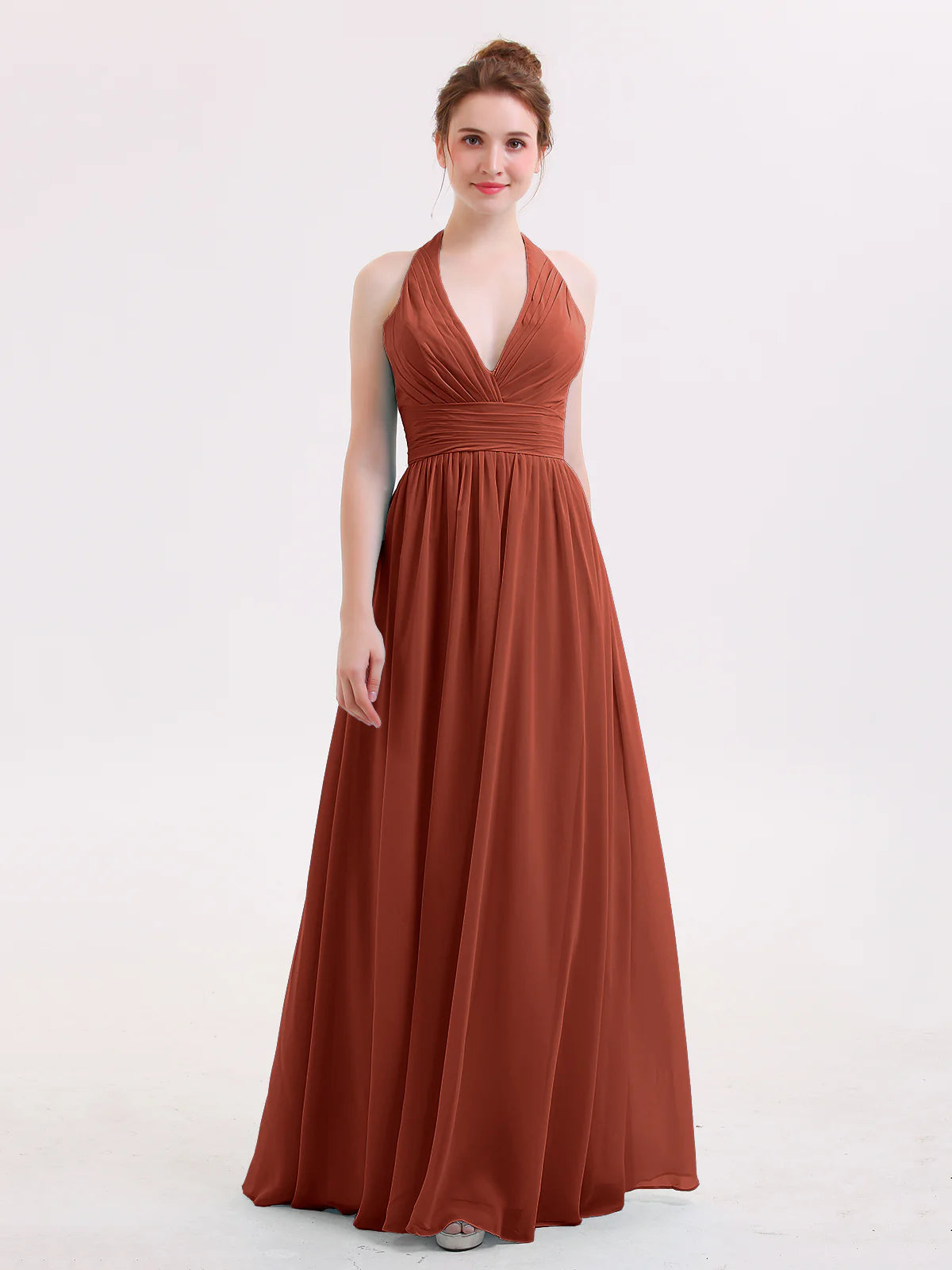 Halter Deep V-Neck Ruched Chiffon A-Line Bridesmaid Maxi Dress
