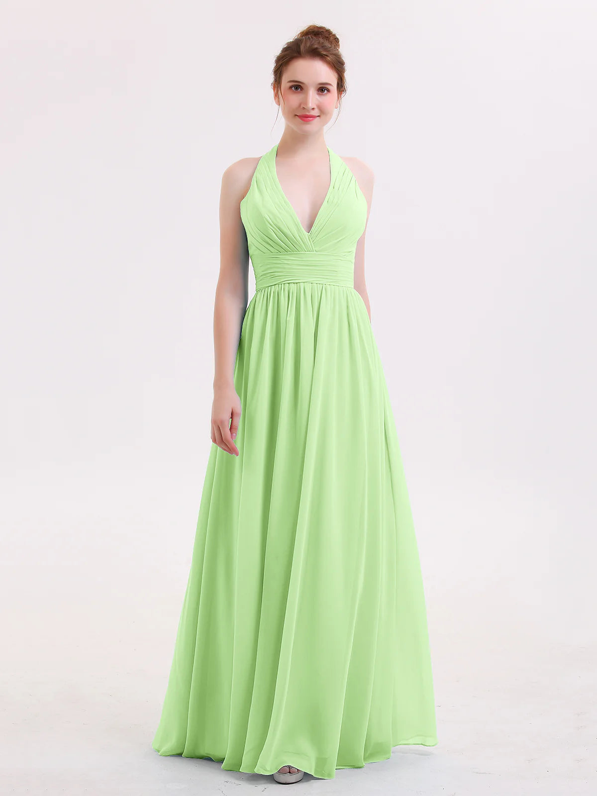 Halter Deep V-Neck Ruched Chiffon A-Line Bridesmaid Maxi Dress