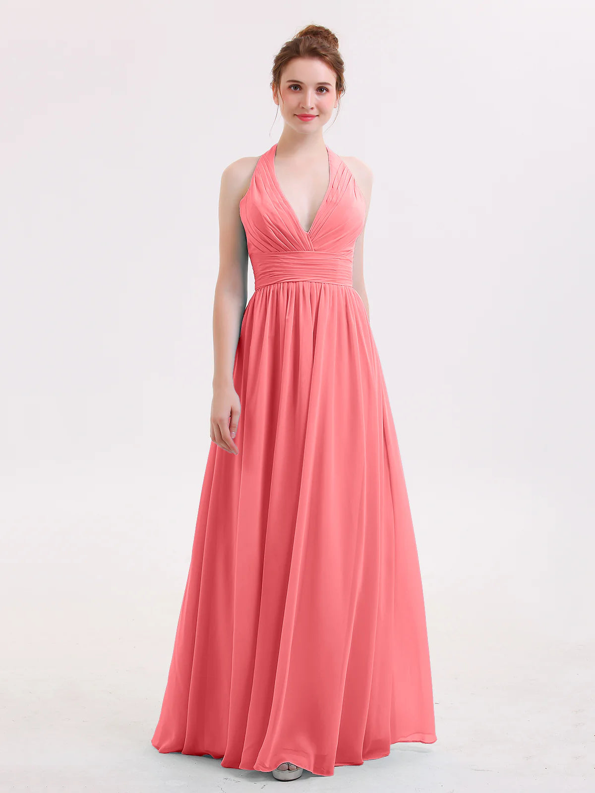 Halter Deep V-Neck Ruched Chiffon A-Line Bridesmaid Maxi Dress