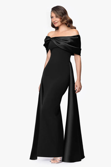 Elegant Off-Shoulder Draped Formal Gown Mother of the Bride Dress with Ruched Details High Slit