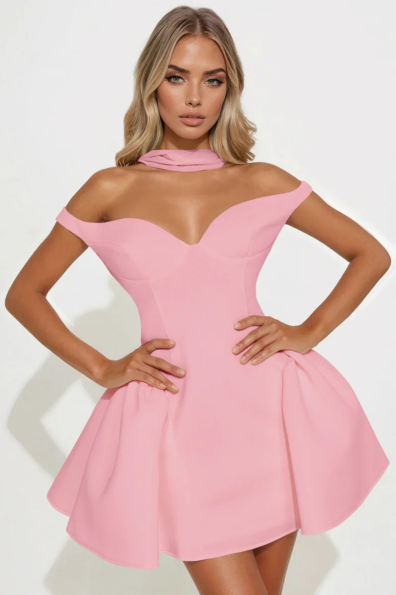 Off Shoulder Mini Halter Strap A-line Evening Party Homecoming Dress