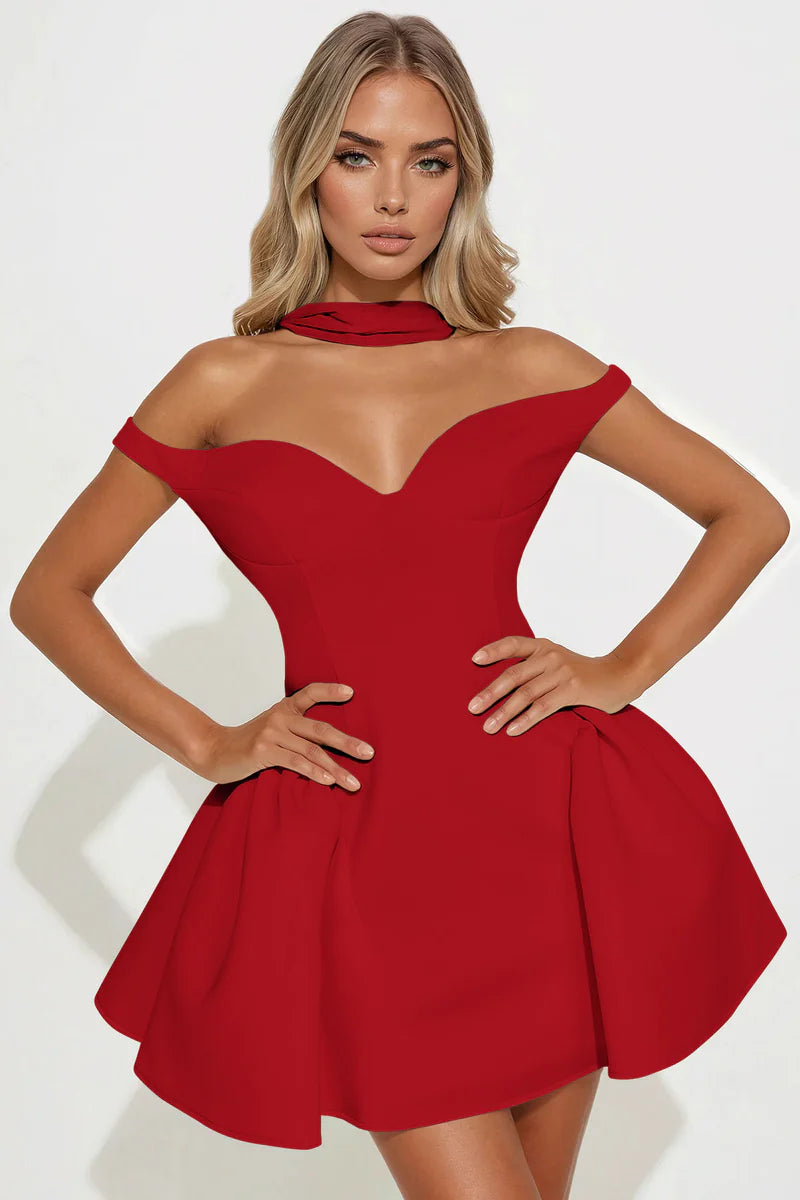 Off Shoulder Mini Halter Strap A-line Evening Party Homecoming Dress