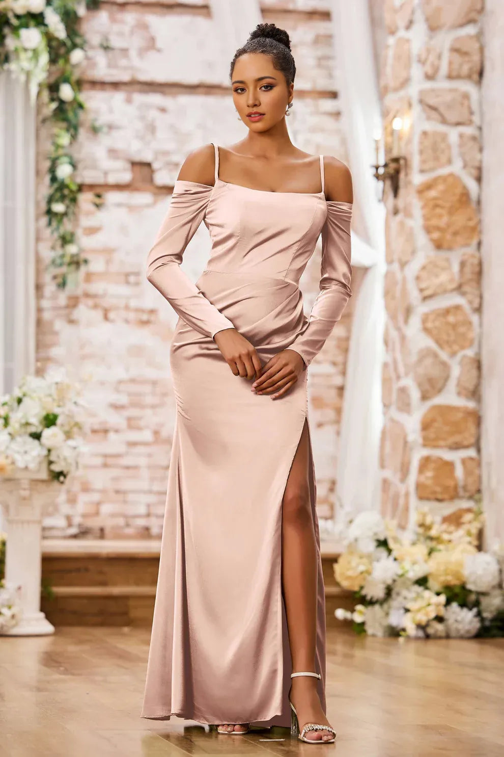 Off-Shoulder Long Sleeve Satin Mermaid Evening Dress Slit Formal Gown