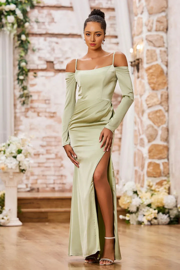 Vestido de noche formal largo de satén con hombros descubiertos, manga larga y abertura, estilo sirena