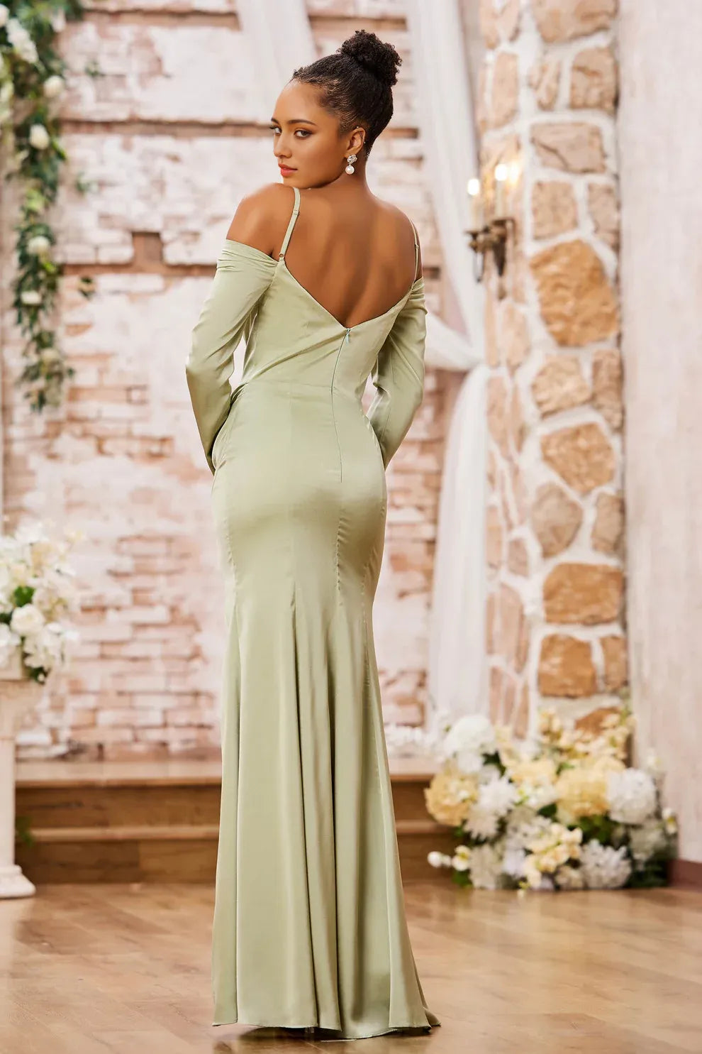 Off-Shoulder Long Sleeve Satin Mermaid Evening Dress Slit Formal Gown