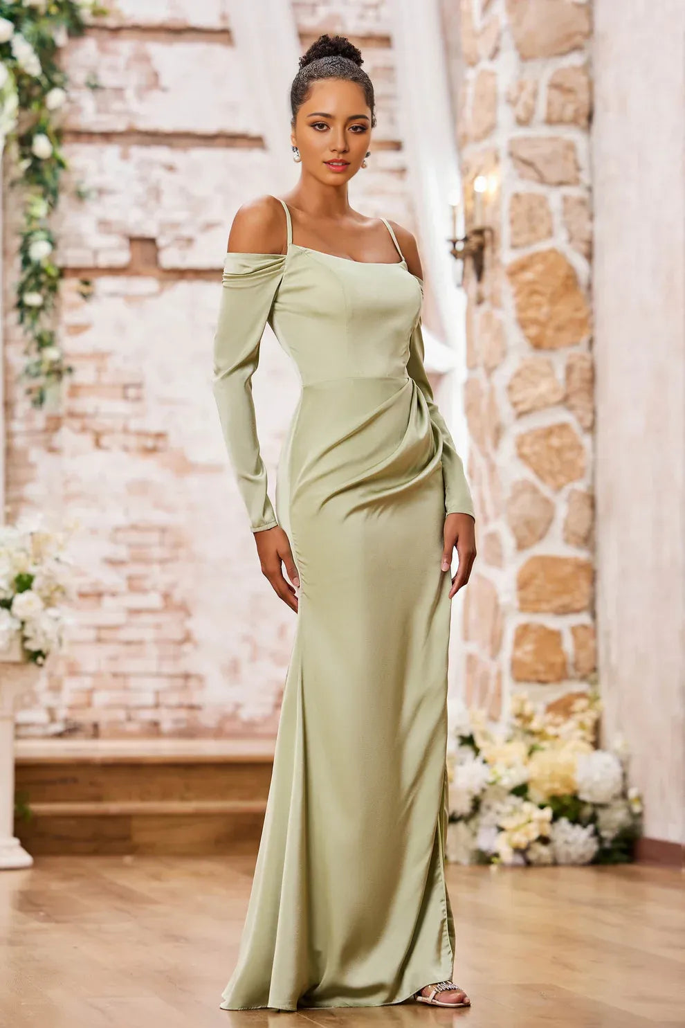 Off-Shoulder Long Sleeve Satin Mermaid Evening Dress Slit Formal Gown