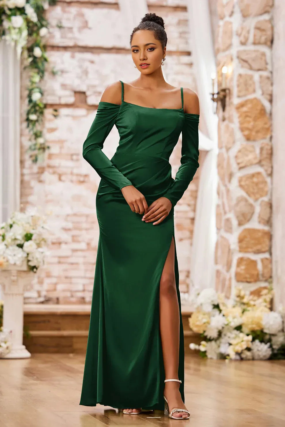 Off-Shoulder Long Sleeve Satin Mermaid Evening Dress Slit Formal Gown