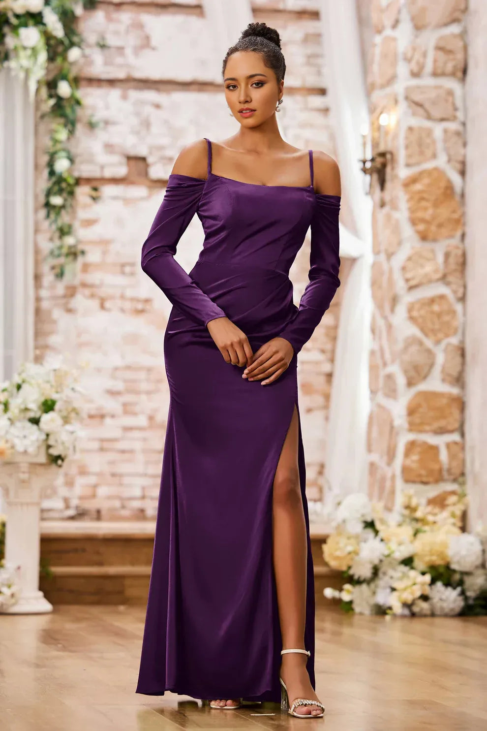 Off-Shoulder Long Sleeve Satin Mermaid Evening Dress Slit Formal Gown