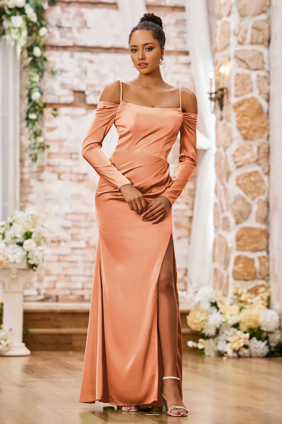 Off-Shoulder Long Sleeve Satin Mermaid Evening Dress Slit Formal Gown