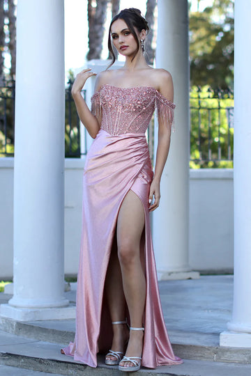 Glamorous Off Shoulder Satin Beaded Mermaid Gown Formal Fitted Prom Dress