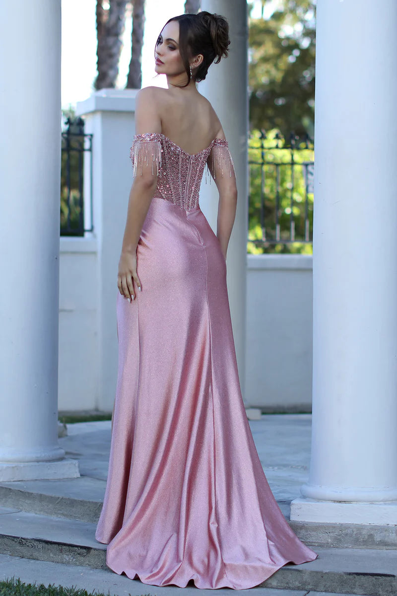 Glamoroso Vestido de Fiesta con Hombros Descubiertos de Satén con Cuentas y Corte de Sirena
