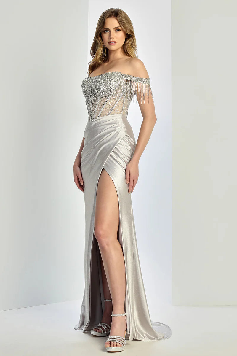 Glamoroso Vestido de Fiesta con Hombros Descubiertos de Satén con Cuentas y Corte de Sirena