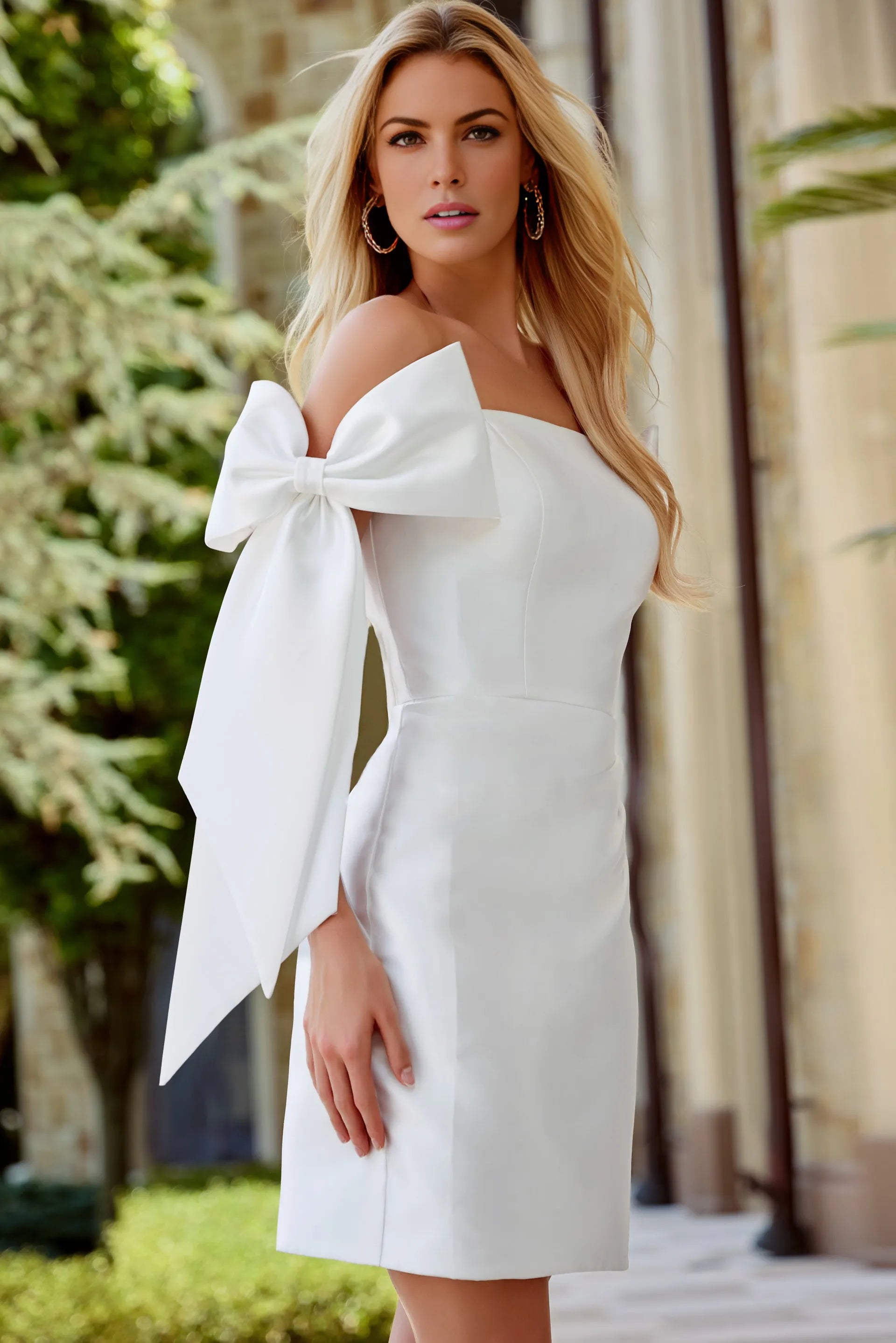 Off Shoulder Satin Bow Sleeve Mini Cocktail Dress