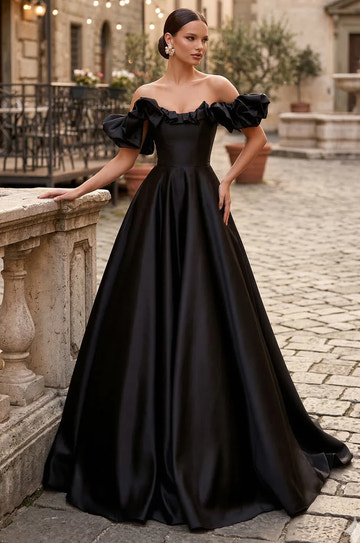 Elegante Vestido de Noche Formal Acampanado con Volantes de Satén y Hombros Descubiertos