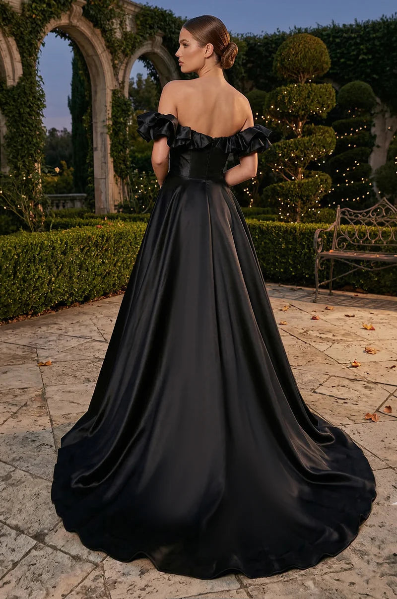 Elegante Vestido de Noche Formal Acampanado con Volantes de Satén y Hombros Descubiertos