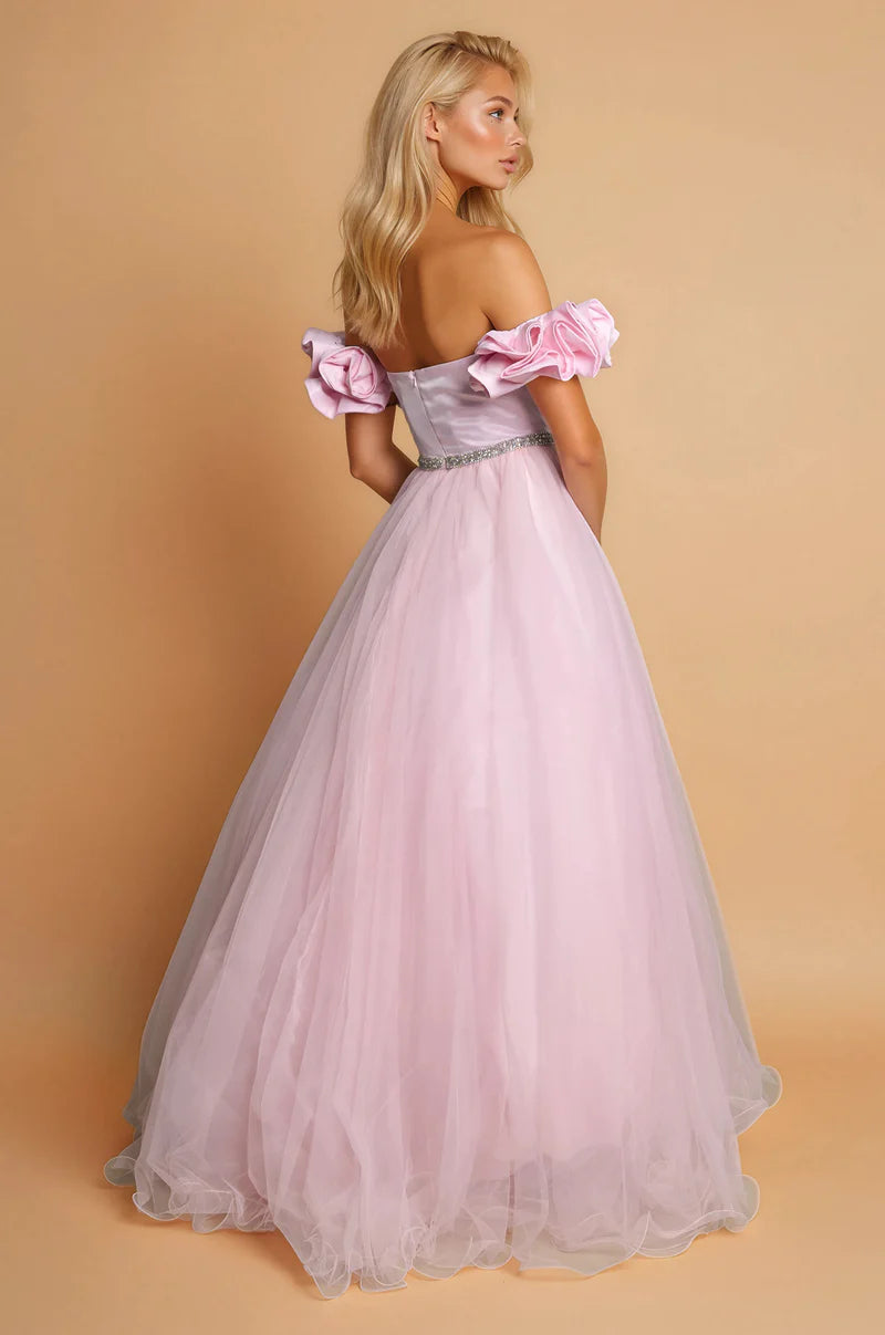Off Shoulder Satin Tulle Ruffle Puff Sleeve Beaded Ball Gown Prom Dress