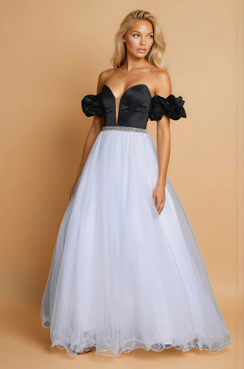 Off Shoulder Satin Tulle Ruffle Puff Sleeve Beaded Ball Gown Prom Dress