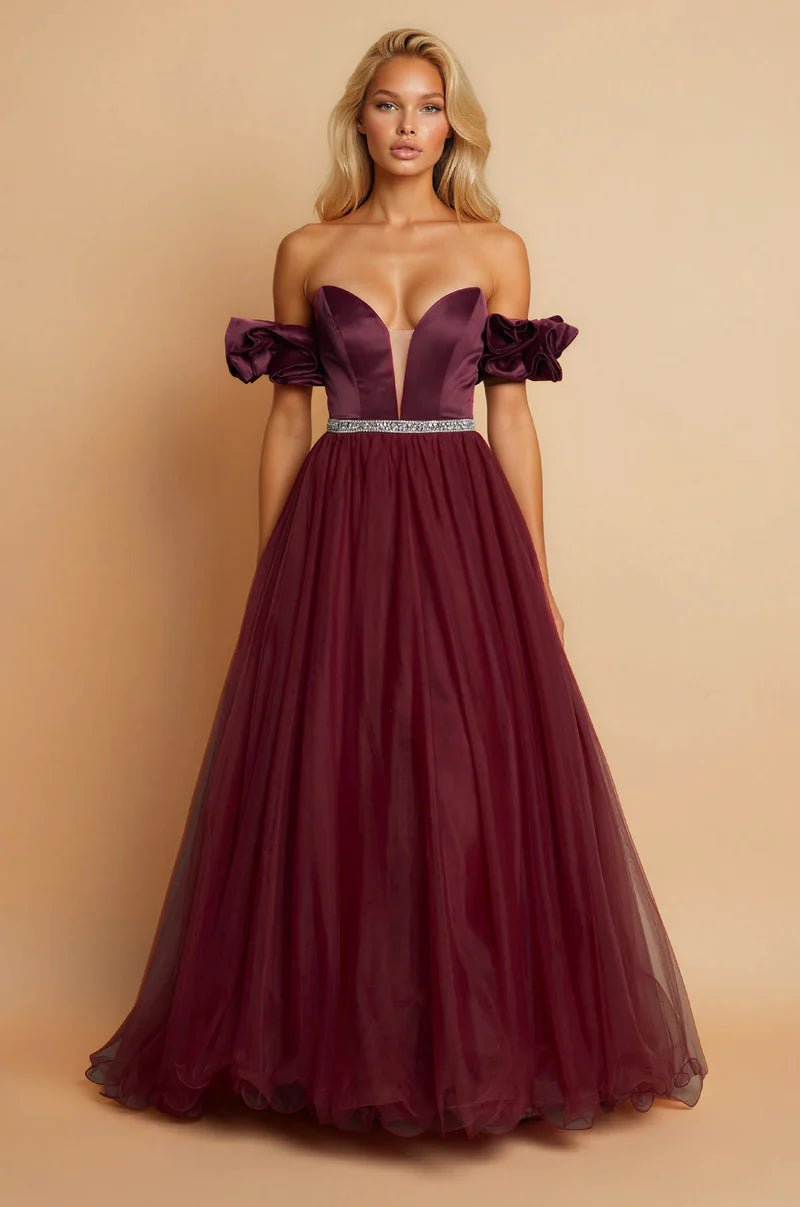 Off Shoulder Satin Tulle Ruffle Puff Sleeve Beaded Ball Gown Prom Dress