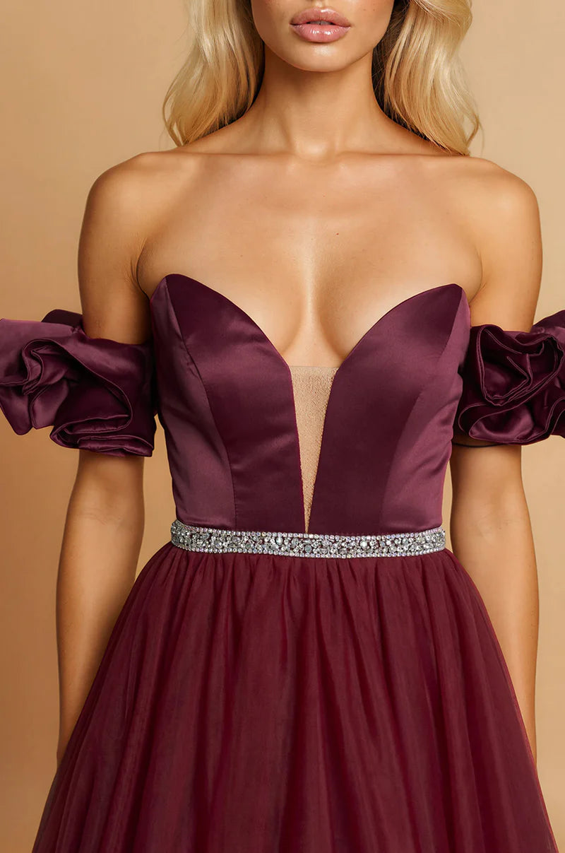 Off Shoulder Satin Tulle Ruffle Puff Sleeve Beaded Ball Gown Prom Dress
