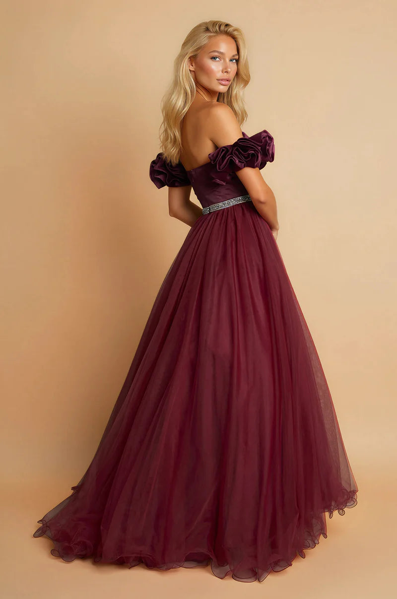Off Shoulder Satin Tulle Ruffle Puff Sleeve Beaded Ball Gown Prom Dress