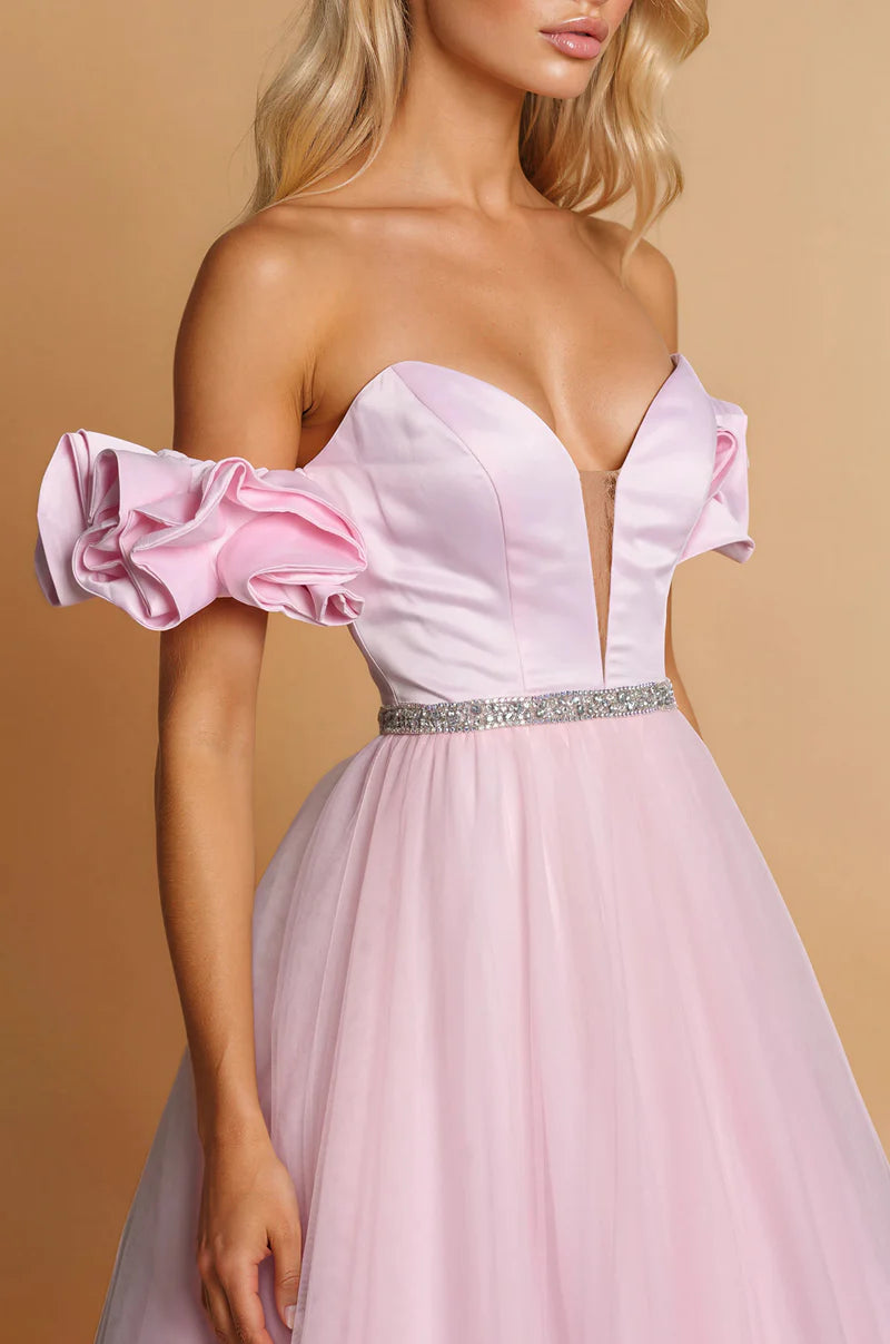 Off Shoulder Satin Tulle Ruffle Puff Sleeve Beaded Ball Gown Prom Dress