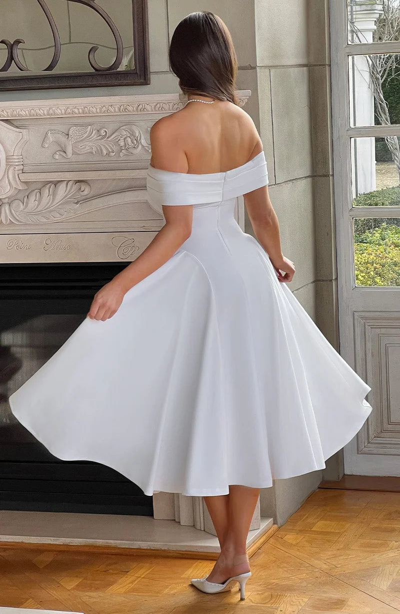 A-line Off Shoulder Midi Flare Formal Cocktail Party Gown Midi Evening Dress