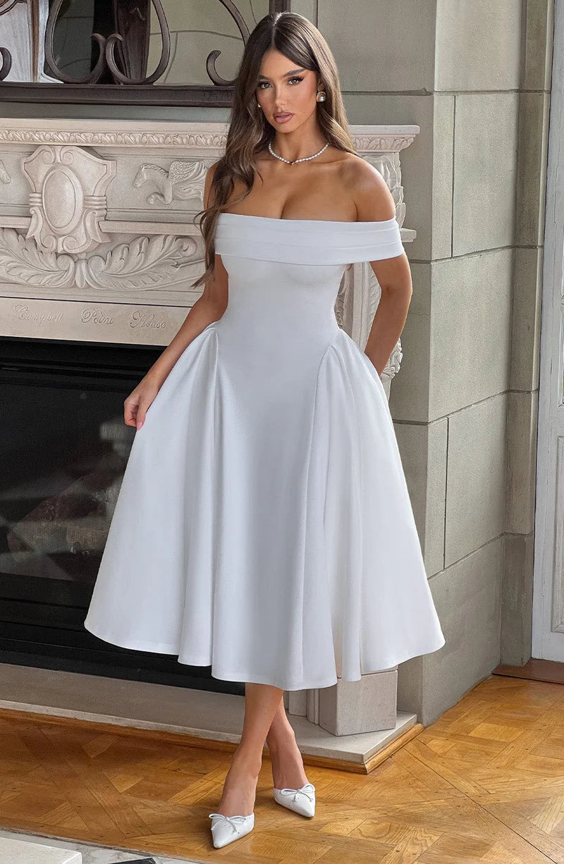 A-line Off Shoulder Midi Flare Formal Cocktail Party Gown Midi Evening Dress