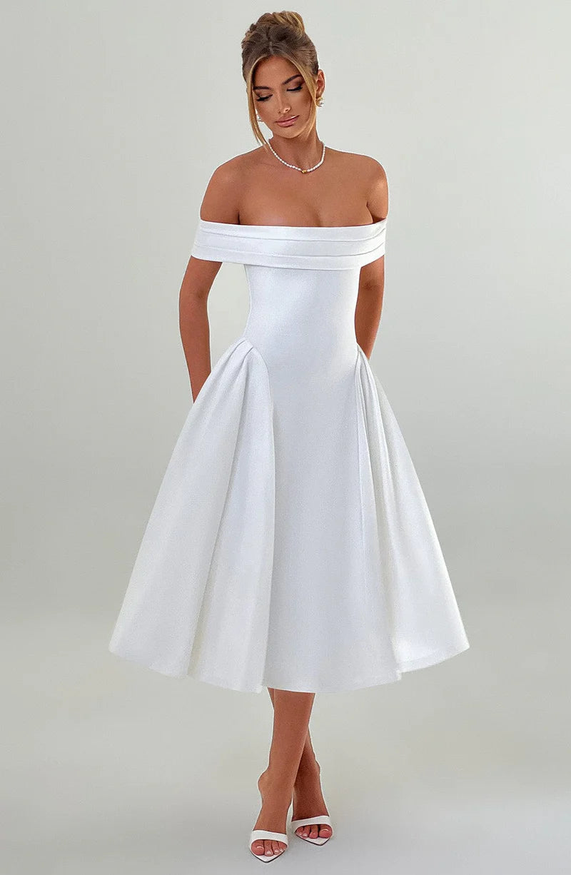 A-line Off Shoulder Midi Flare Formal Cocktail Party Gown Midi Evening Dress