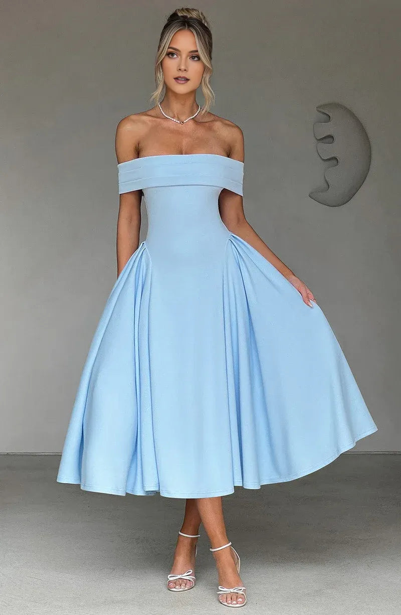 A-line Off Shoulder Midi Flare Formal Cocktail Party Gown Midi Evening Dress