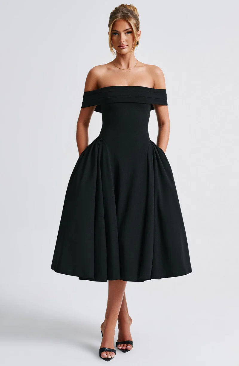 A-line Off Shoulder Midi Flare Formal Cocktail Party Gown Midi Evening Dress