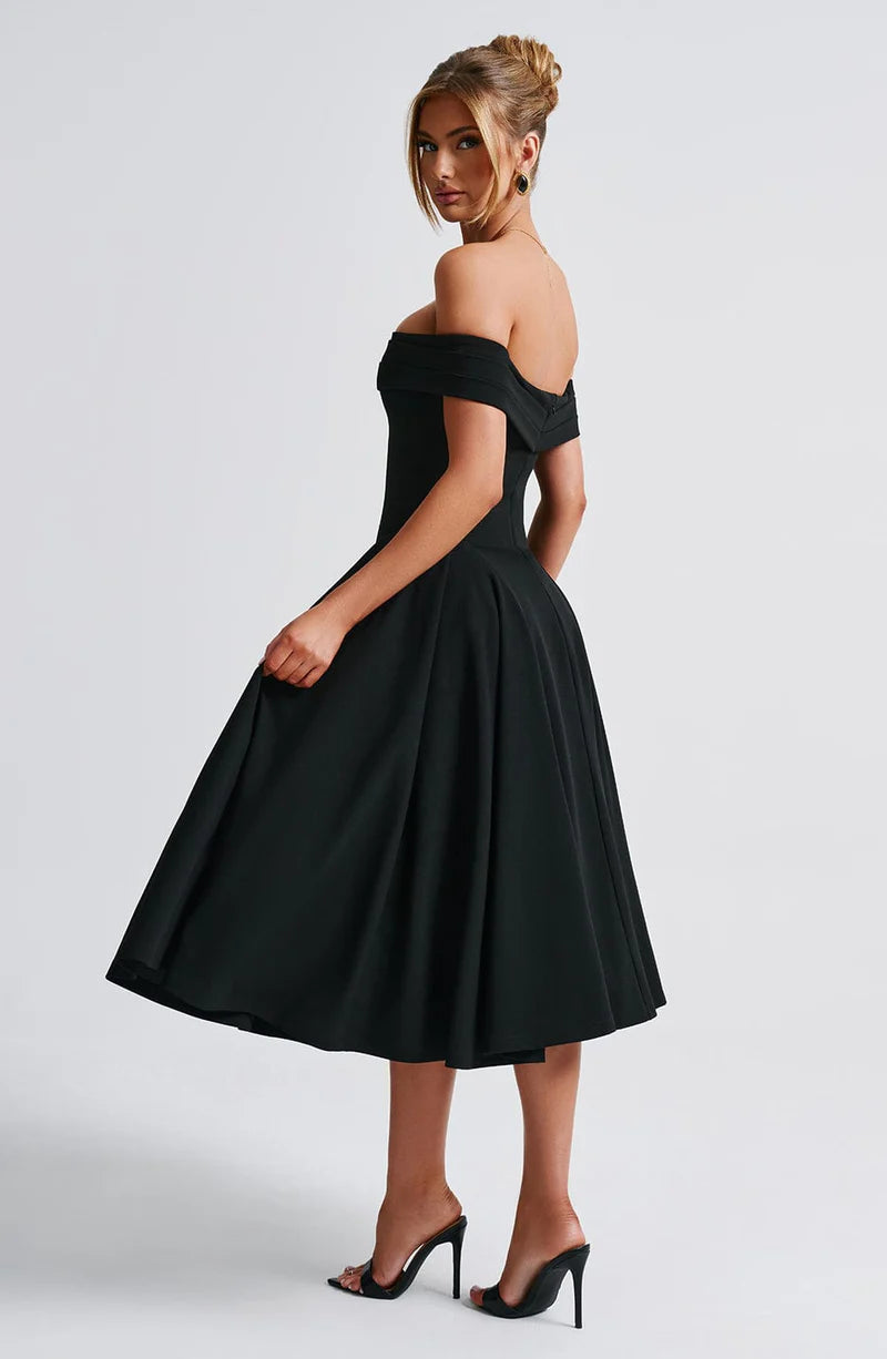 A-line Off Shoulder Midi Flare Formal Cocktail Party Gown Midi Evening Dress