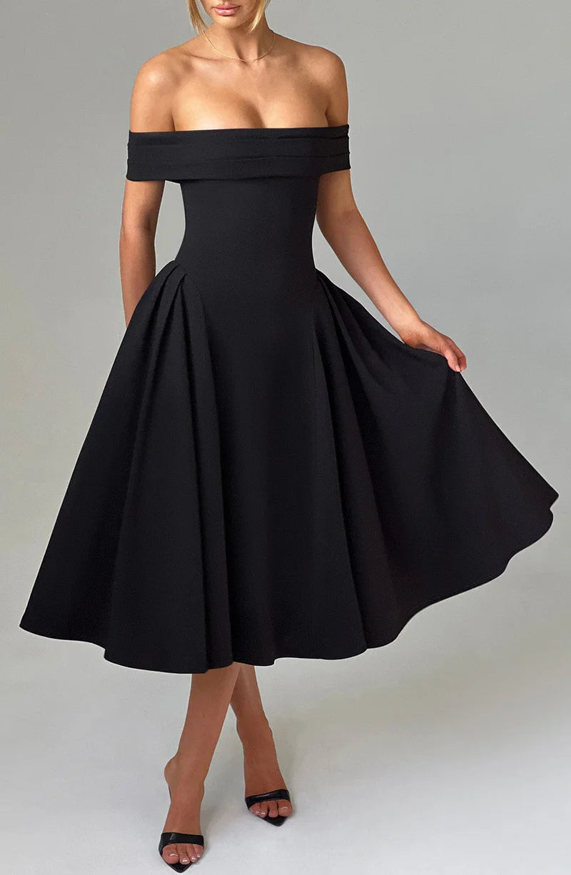 A-line Off Shoulder Midi Flare Formal Cocktail Party Gown Midi Evening Dress