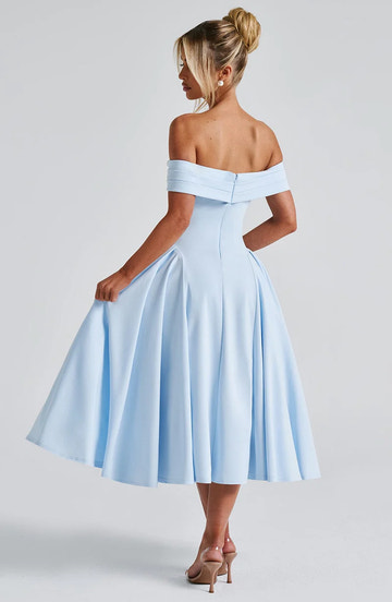 A-line Off Shoulder Midi Flare Formal Cocktail Party Gown Midi Evening Dress