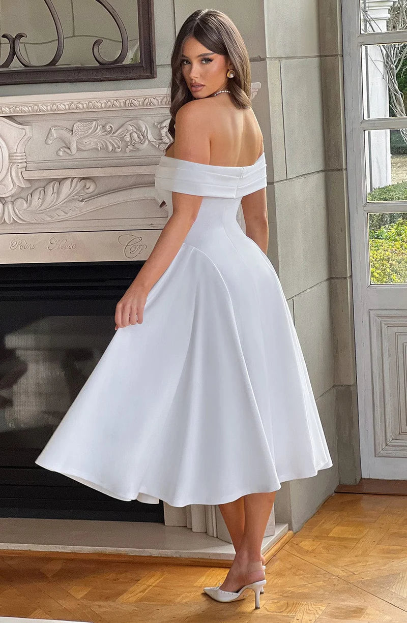 A-line Off Shoulder Midi Flare Formal Cocktail Party Gown Midi Evening Dress