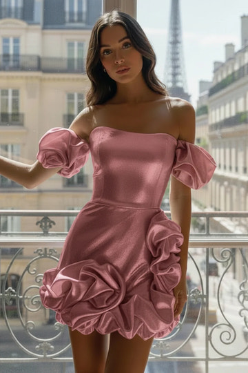 Elegant Bodycon Off Shoulder Shimmer Mini Homecoming Dress Ruffle Hem Party Dress