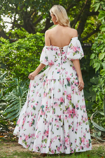 Off Shoulder Sweetheart Chiffon Tiered Floral Print Maxi Dress