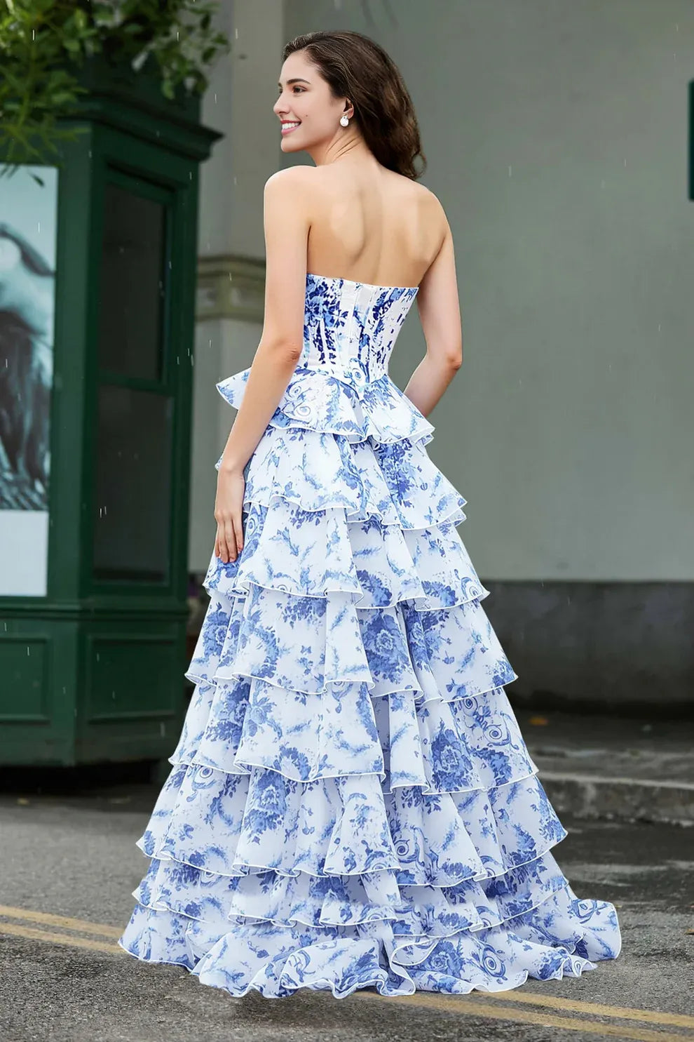Off Shoulder Sweetheart Chiffon Tiered Floral Print Maxi Dress