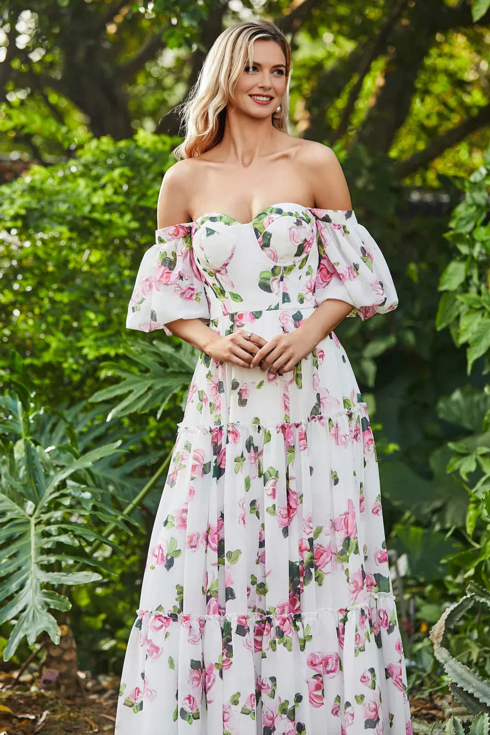 Off Shoulder Sweetheart Chiffon Tiered Floral Print Maxi Dress