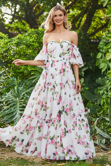Off Shoulder Sweetheart Chiffon Tiered Floral Print Maxi Dress