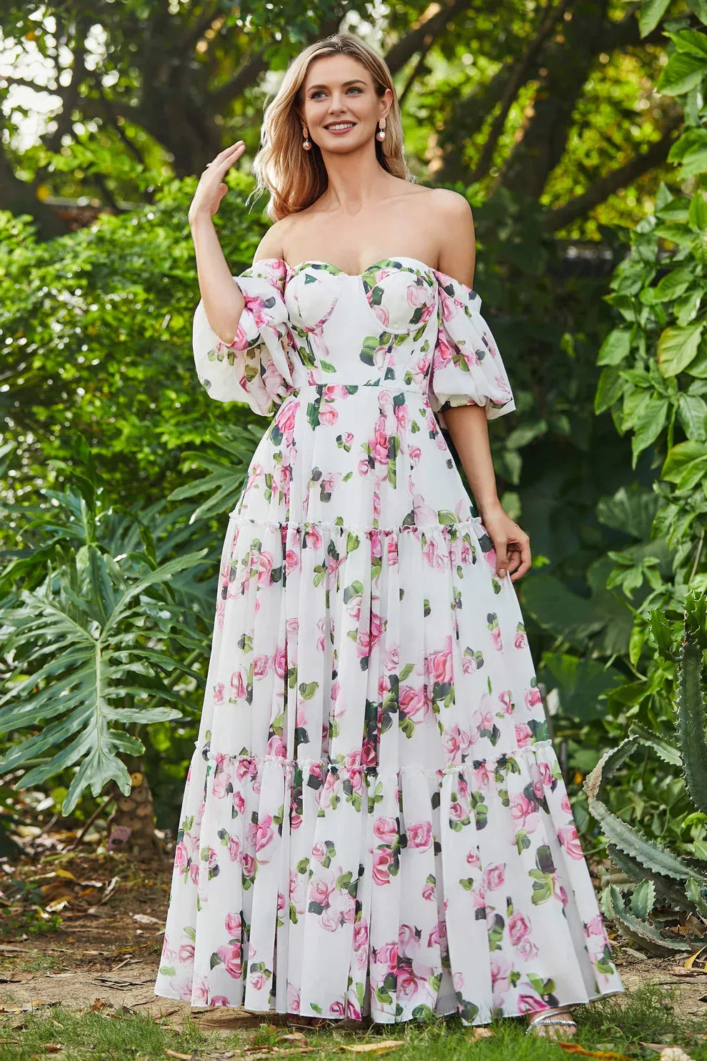 Off Shoulder Sweetheart Chiffon Tiered Floral Print Maxi Dress