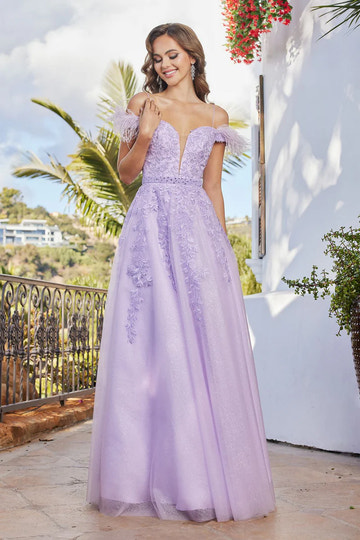 Vestido de fiesta glamuroso con hombros descubiertos, tul con purpurina, encaje, plumas y corte A