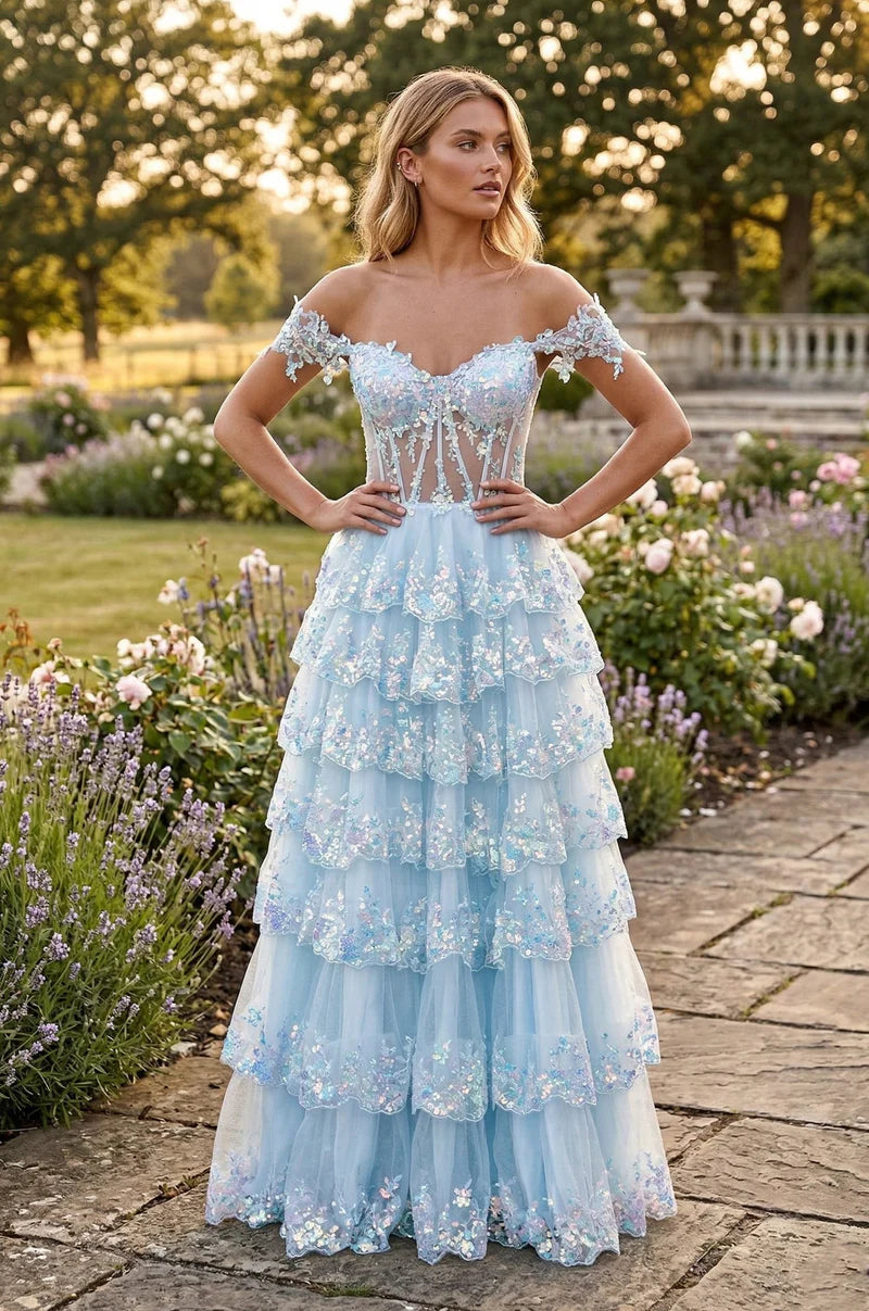Vestido de fiesta largo de tul con lentejuelas, encaje y volantes, corte A, hombros descubiertos